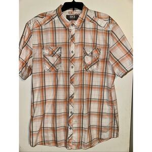 BKE Button Up Shirt Mens XL Orange Grey Relaxed Fit Plaid Country Western